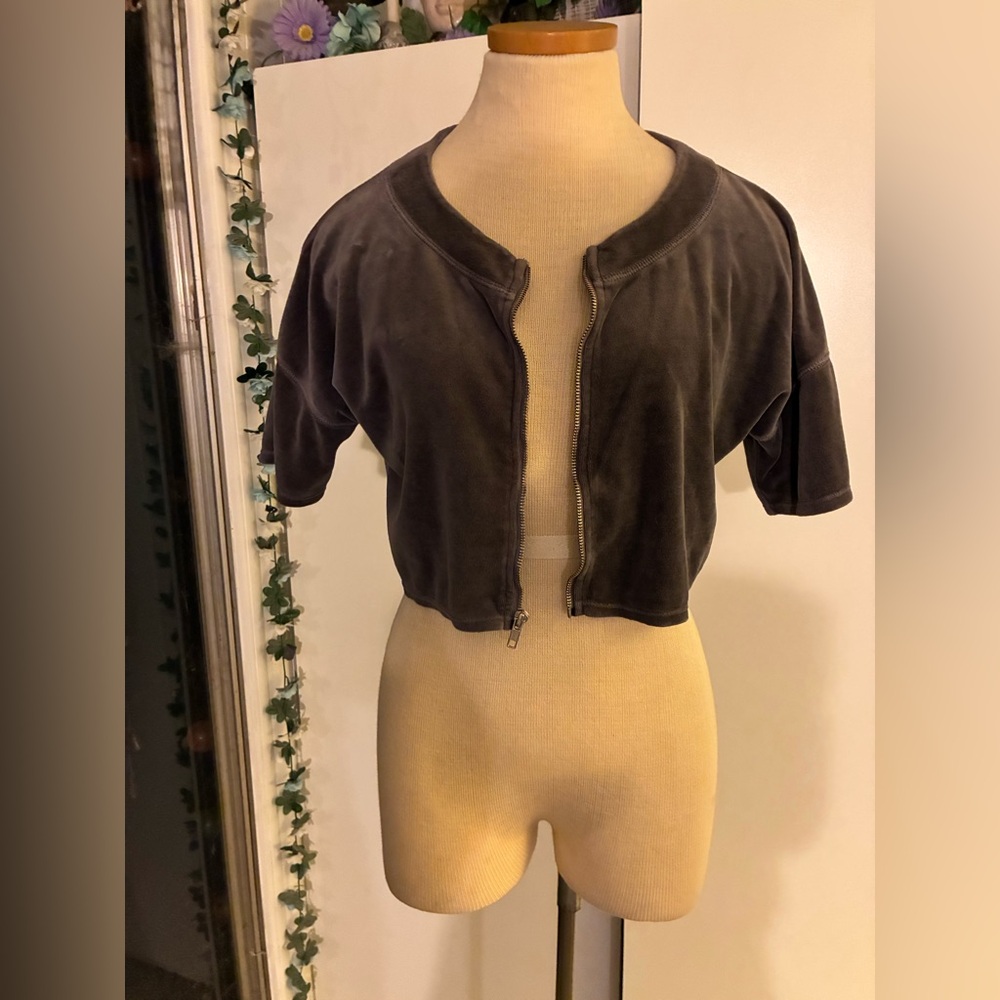 AIKO grey velvet zip up crop top